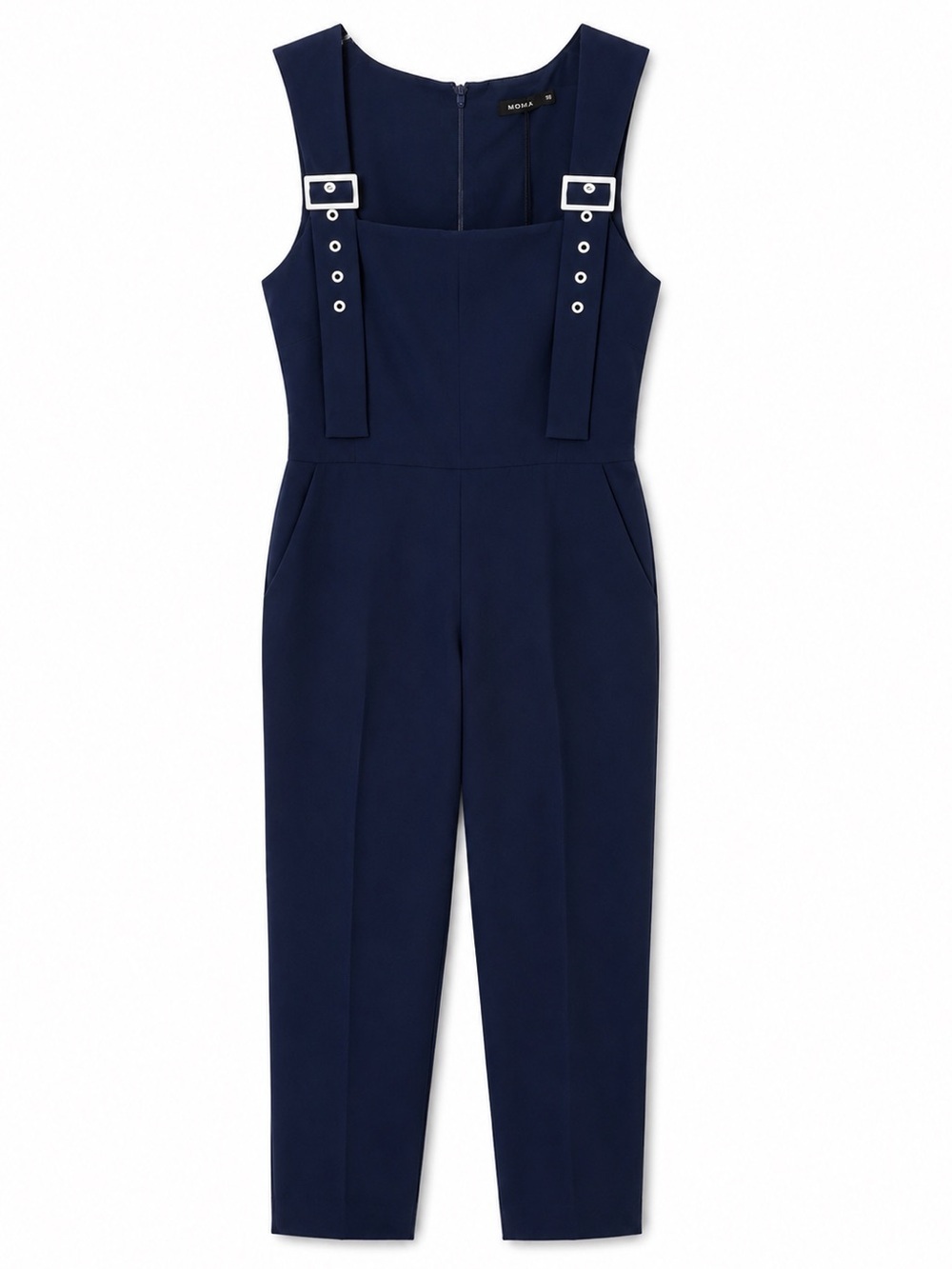 NWT MOMA Navy Buckle Detail Cropped Jumpsuit Size 38 Wide Strap